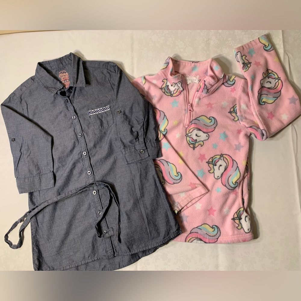 EUC Bundle: Button-Down Belted Shirtdress/Tunic & Unicorn Quarter-Zip Sweatshirt